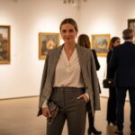 Žena v módním oblečení stojí v galerii na vernisáži obklopena moderním uměním a hosty.