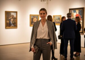 Žena v módním oblečení stojí v galerii na vernisáži obklopena moderním uměním a hosty.