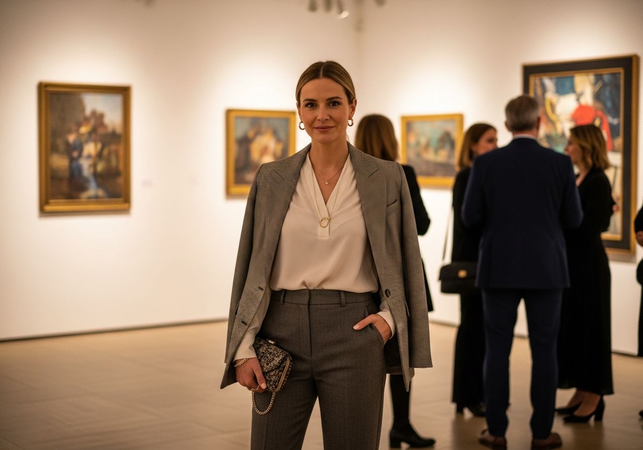 Žena v módním oblečení stojí v galerii na vernisáži obklopena moderním uměním a hosty.