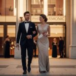 Muž a žena v elegantním oblečení vstupují do moderní filharmonie večer s lístky v ruce.