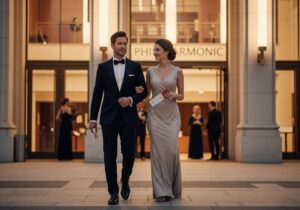Muž a žena v elegantním oblečení vstupují do moderní filharmonie večer s lístky v ruce.