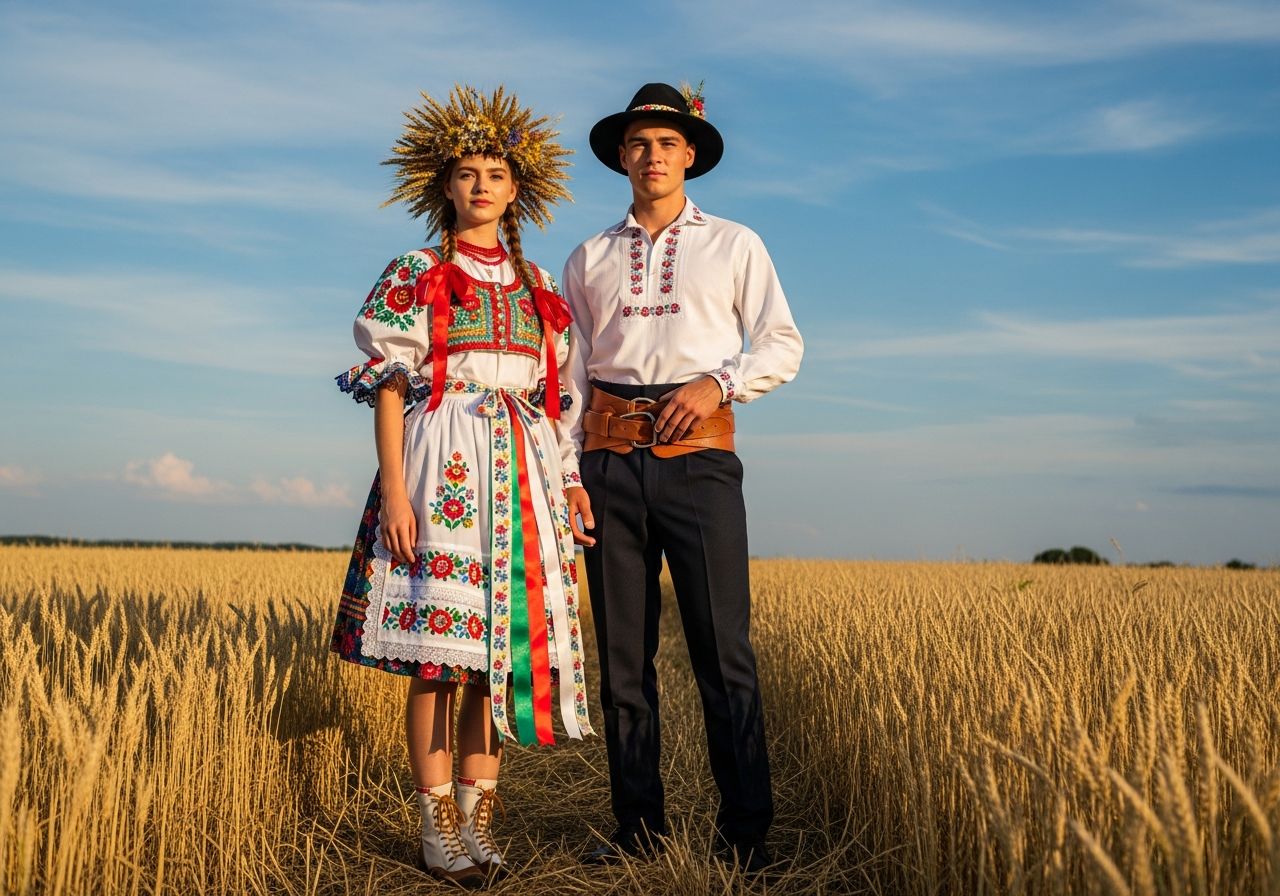 Mladý pár v tradičním kroji a moderním oblečení na poli pšenice při dožínkách
