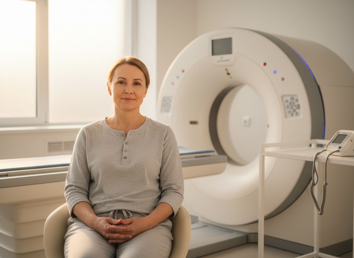 Žena v světlém oblečení sedí v nemocničním pokoji před moderním CT skenerem.