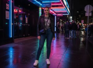 Mladá žena před moderním nočním klubem v černé kožené bundě a bílých teniskách.