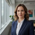 Žena v elegantním obleku stojí v moderní kanceláři s výhledem na město.