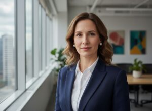 Žena v elegantním obleku stojí v moderní kanceláři s výhledem na město.
