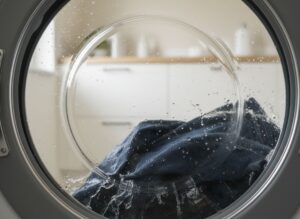 Přední pračka v chodu s modrými džínami a kapkami vody na skle bubnu v moderní prádelně