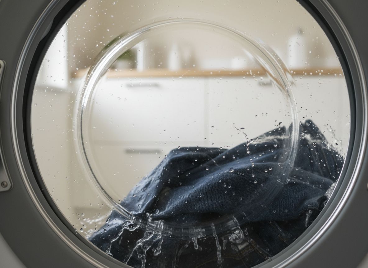 Přední pračka v chodu s modrými džínami a kapkami vody na skle bubnu v moderní prádelně