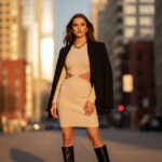Stylová žena s jistotou stojí ve městě za zlaté hodiny, moderní outfit a jemný úsměv