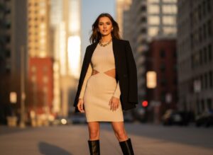 Stylová žena s jistotou stojí ve městě za zlaté hodiny, moderní outfit a jemný úsměv