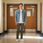 Teenager v školní chodbě v džínové bundě, bílém tričku a teniskách, s přátelským výrazem.