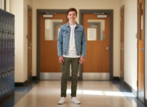 Teenager v školní chodbě v džínové bundě, bílém tričku a teniskách, s přátelským výrazem.