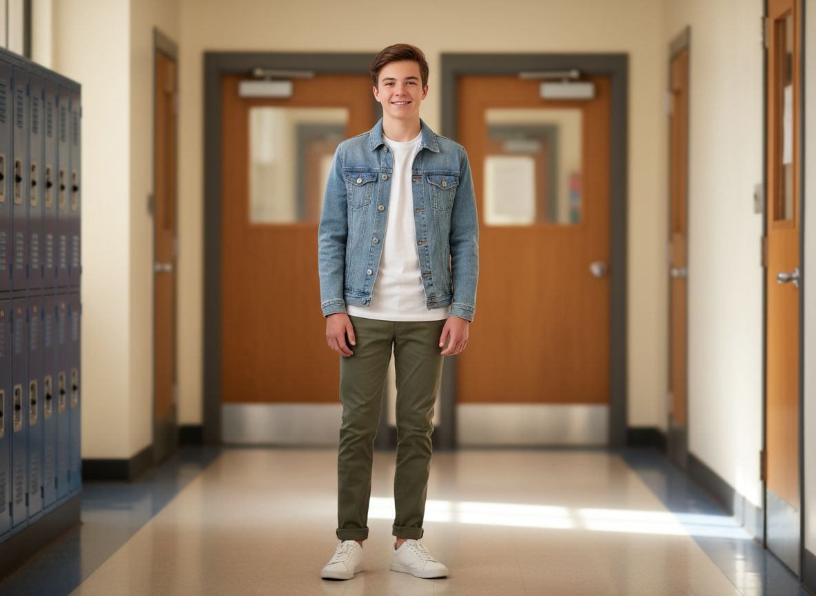 Teenager v školní chodbě v džínové bundě, bílém tričku a teniskách, s přátelským výrazem.