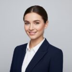 Mladá profesionální žena v tmavě modrém saku a bílé košili na světlém pozadí, portrét pro životopis