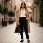 Stylová žena v béžovém trenčkotu na městské ulici s černou kabelkou a zlatými hodinkami.