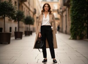 Stylová žena v béžovém trenčkotu na městské ulici s černou kabelkou a zlatými hodinkami.