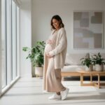 Těhotná žena v béžových šatech a kardiganu stojí v světlém pokoji a drží si břicho.