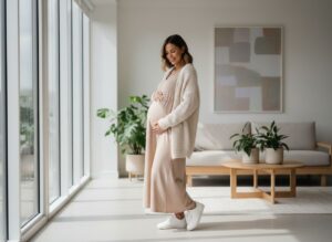 Těhotná žena v béžových šatech a kardiganu stojí v světlém pokoji a drží si břicho.